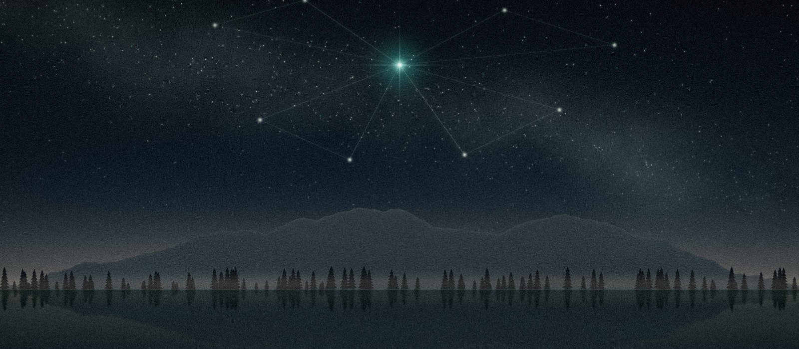 Star lines over a still lake converging on one teal star