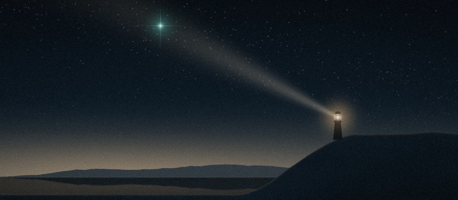 A lighthouse on a rocky coast at dusk, its beam pointing at one teal star