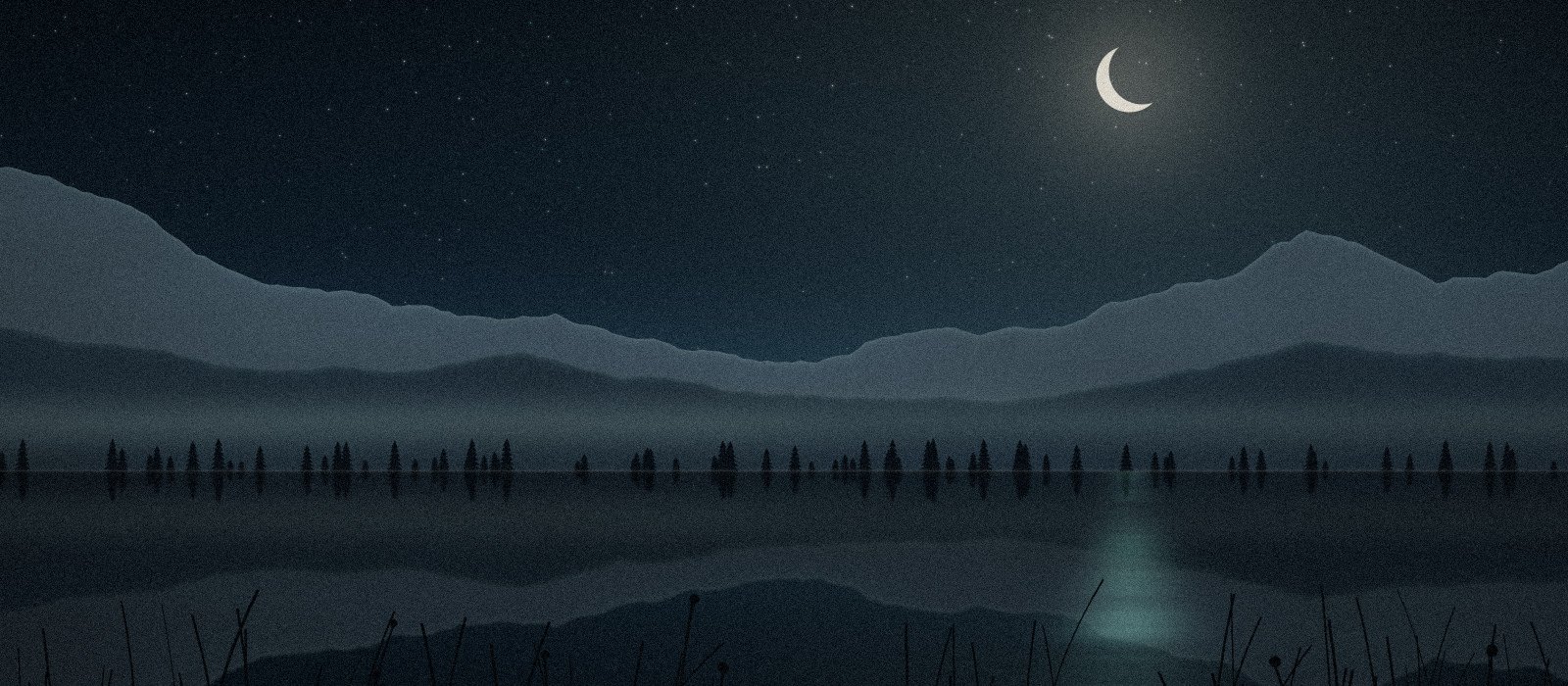 A sheltered mountain lake under a crescent moon