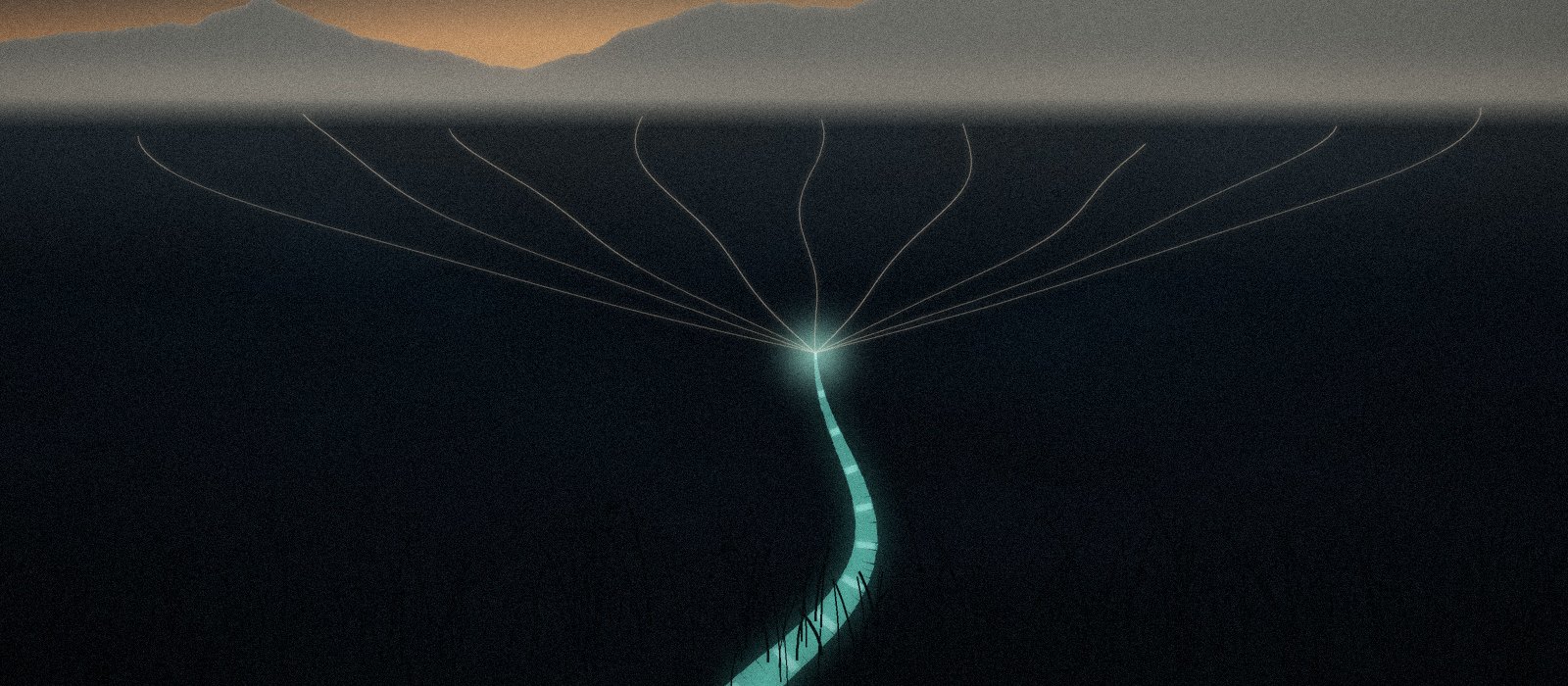 Many streams of light running down a valley and merging into one river