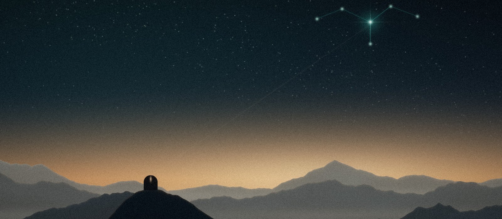 An observatory on a mountain ridge under a constellation at dusk